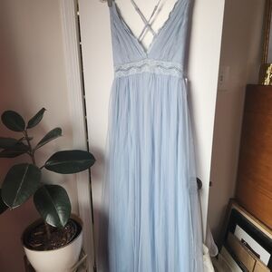 Windsor Light Blue Tulle Maxi Dress Lace Waist Spaghetti Strap Formal Prom S NWT